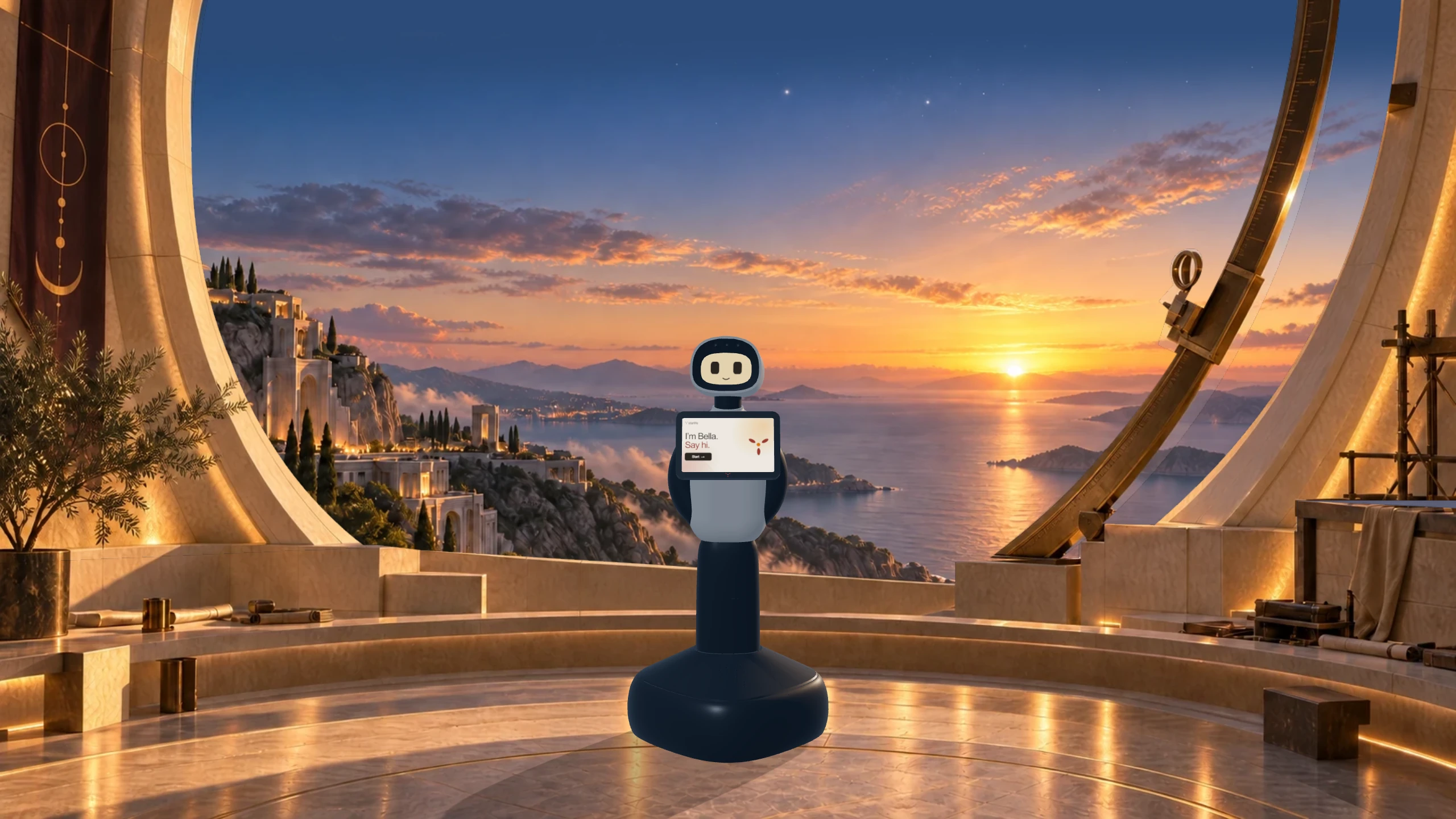 Bella in a sunlit garden terrace overlooking a Mediterranean coast