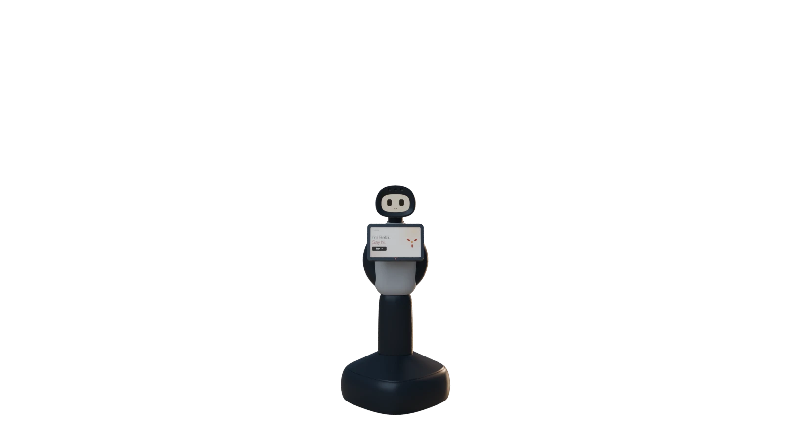 Bella, a wheeled robot with a friendly face and a chest display