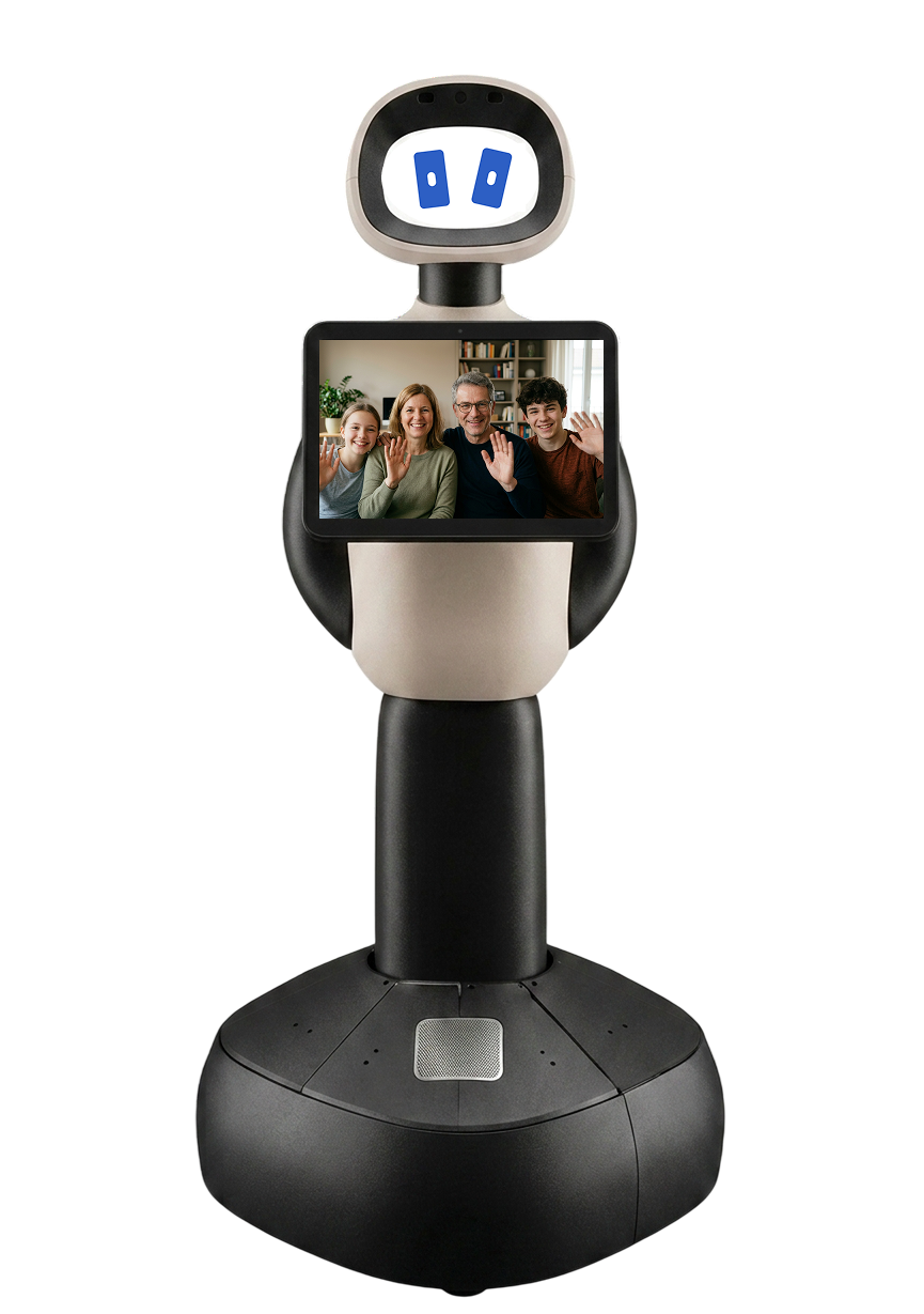 Bella's screen showing a live video call with a waving family